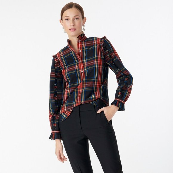 J. Crew Tops - J.Crew Top Black Red Plaid Button Popover Ruffle Long Sleeve